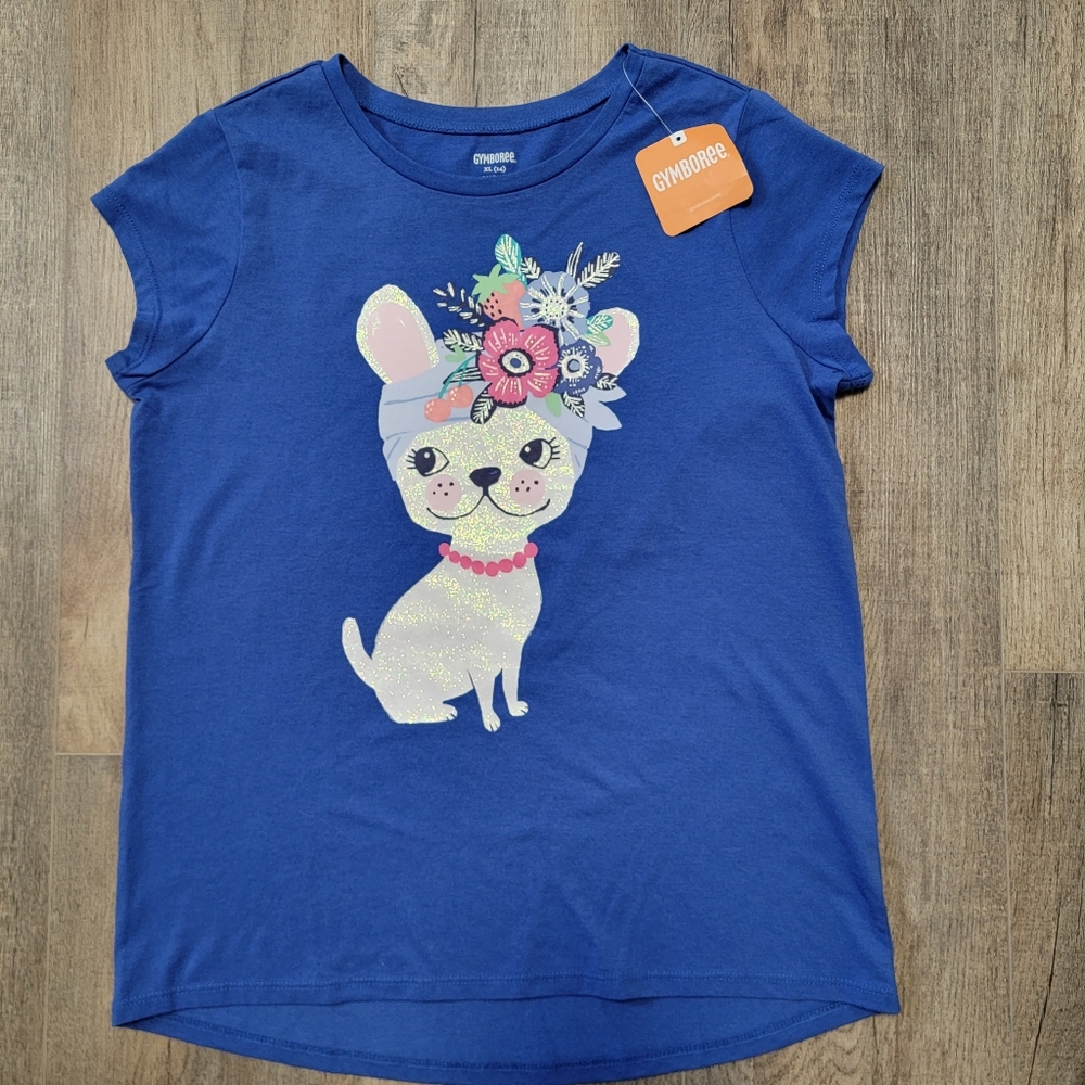 Gymboree Girls XL 14 SS T-Shirt Blue and White Bulldog and Flowers Glitt…
